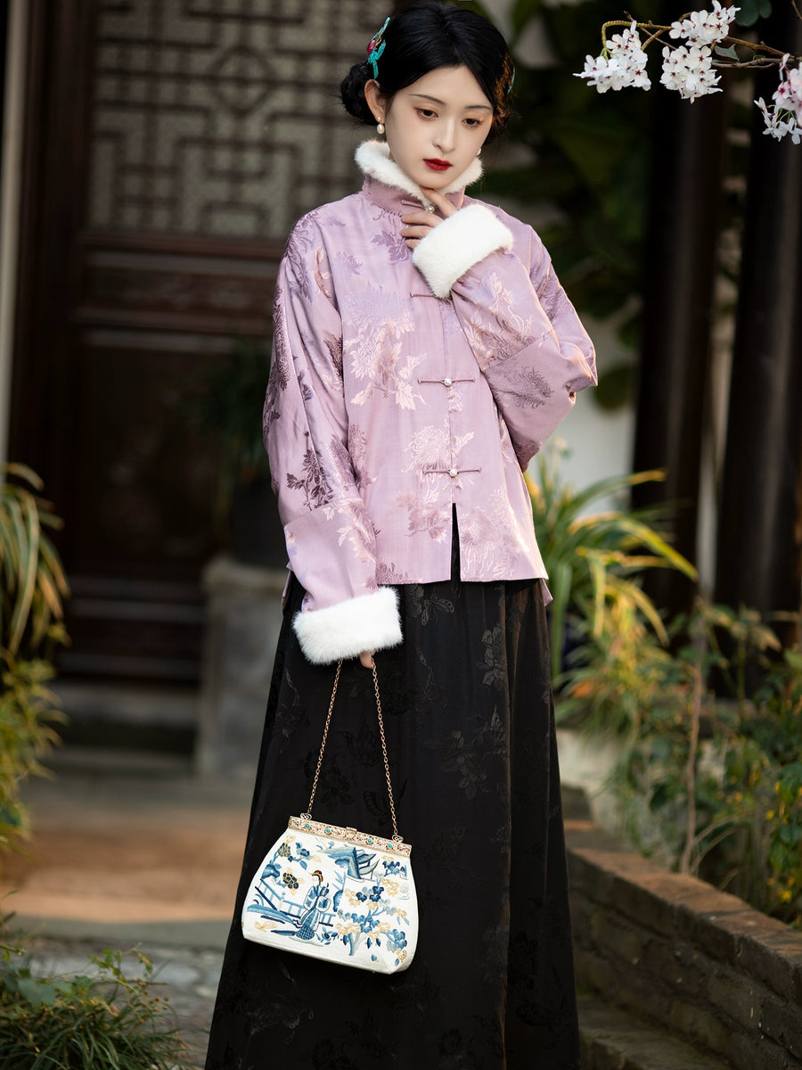 Mohua Yin 墨花隐 Inked Flower Republic of China Floral Jacquard Winter Quilt Lined Midi Skirt