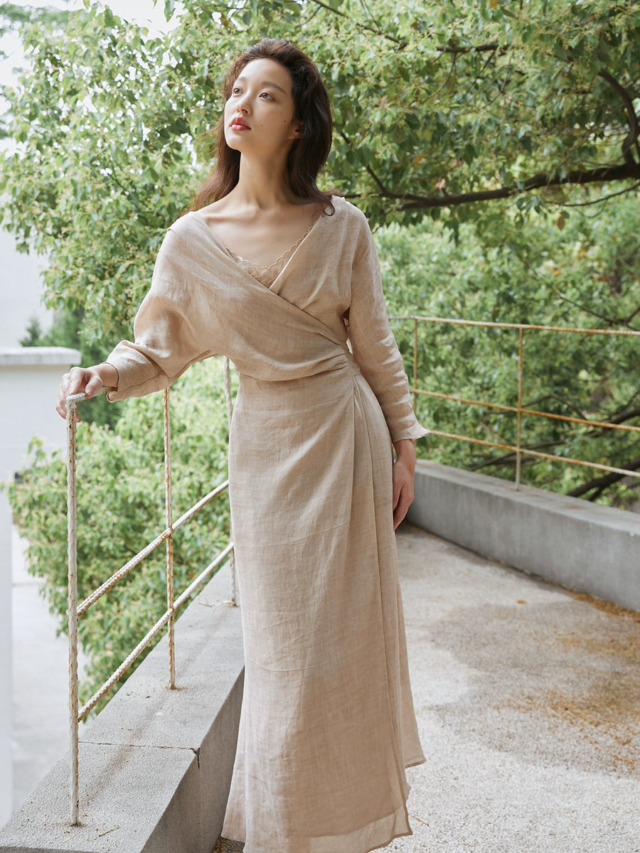 Peach Blossom with a Human Face 人面桃花 New Chinese Style Pure Ramie Wrap Dress