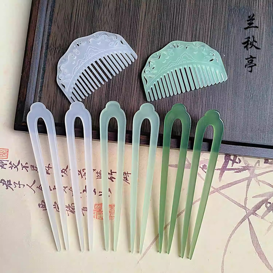 Zanzi 簪子 Jade Imitation U-Shaped Hairpins & Comb Set