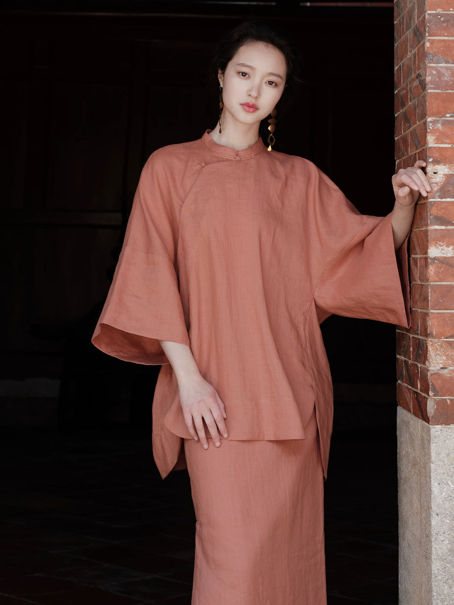 Bei Ke 贝壳 Seashells New Chinese Style Summer Ramie Qipao Top & Skirt Set