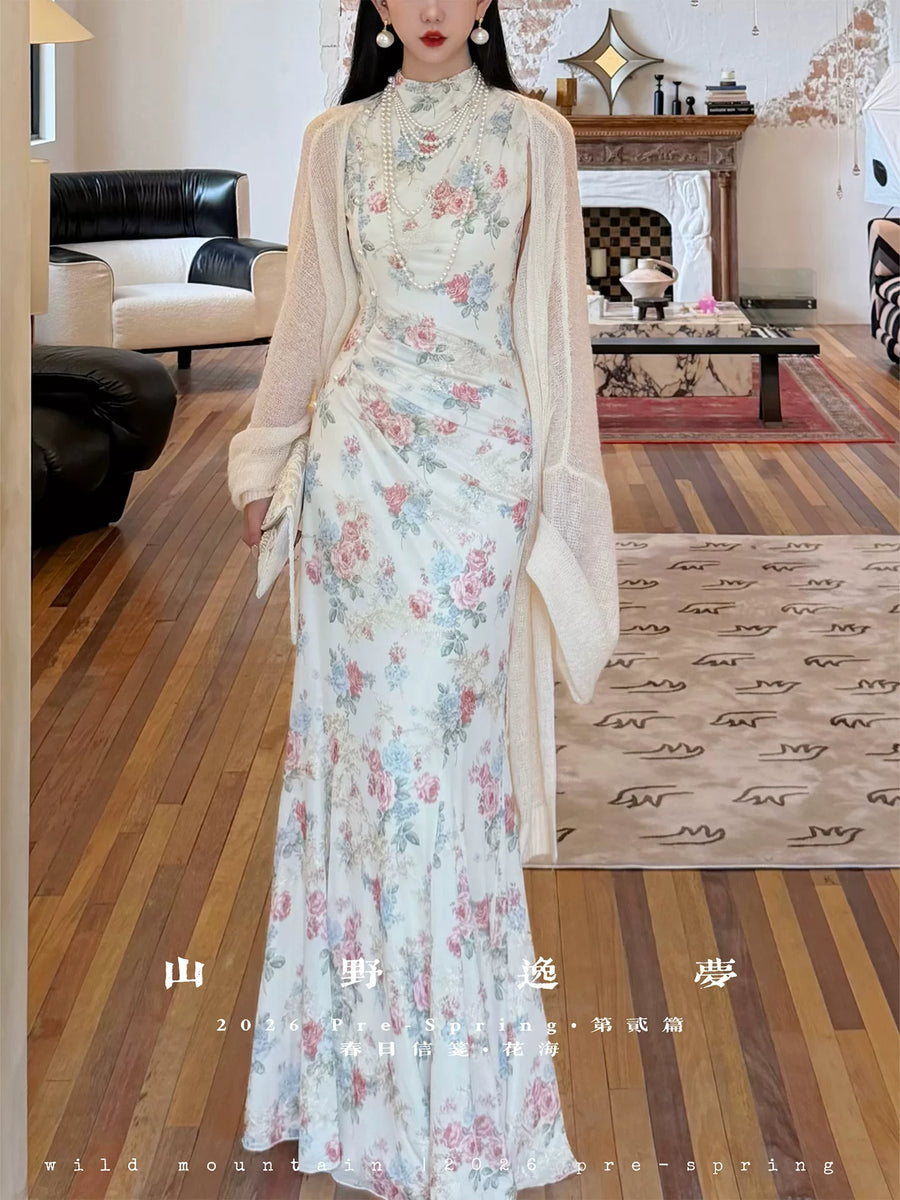 Zao Chun 早春 Early Spring New Chinese Style Modernized Floral Ruched Qipao