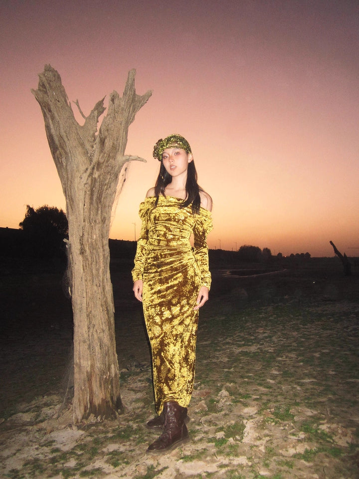 Liu Guang 鎏光 Flowing Light New Chinese Style Velvet Long Sleeve Dress