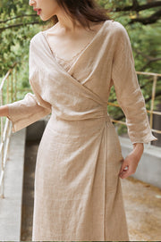Peach Blossom with a Human Face 人面桃花 New Chinese Style Pure Ramie Wrap Dress