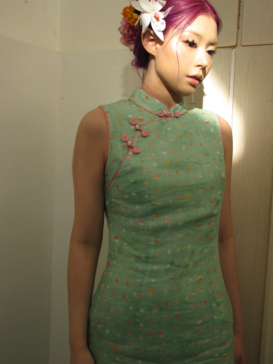 Xin Xian 新鲜 Fresh Greens New Chinese Style Pure Ramie Midi Sleeveless Qipao