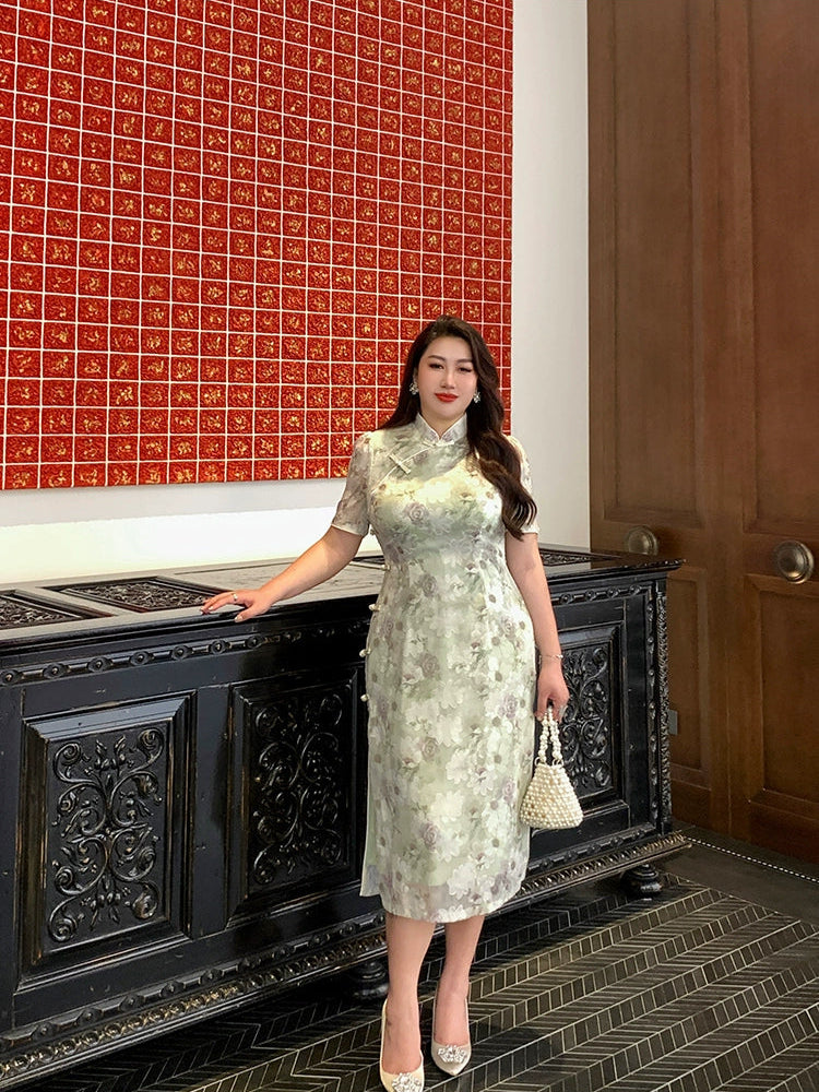 Hujiao Bohe 胡椒薄荷 Peppermint Plus Size Modernized Sheer Lace Short Sleeve Qipao
