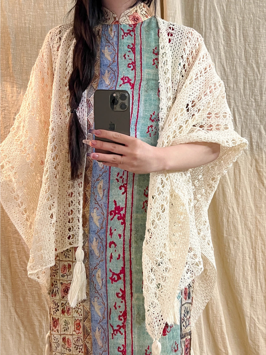 Trip to Paris 去巴黎 New Chinese Style Ancient Patchwork Beaded Sleeveless Cotton Qipao & Shawl Set