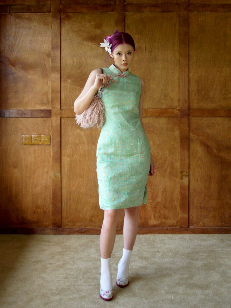 Xin Xian 新鲜 Fresh Greens New Chinese Style Pure Ramie Midi Sleeveless Qipao
