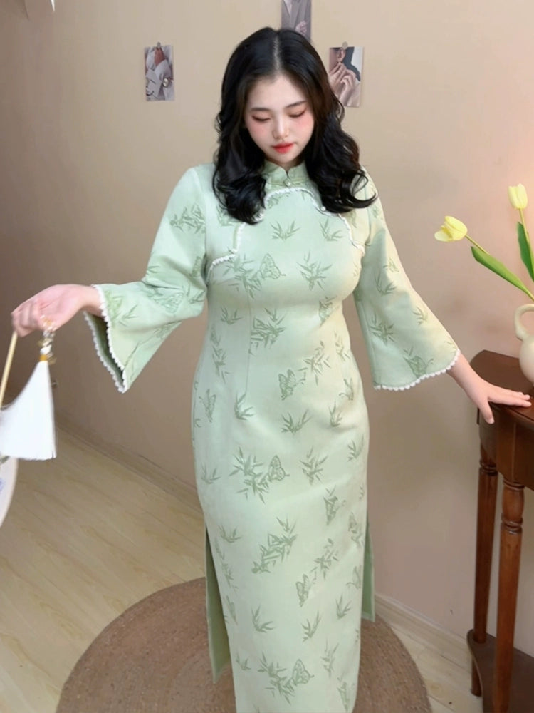 Ye Ruo 叶若 Fresh Bamboo Shoots 1920s Inspired Plus Size Scallop Sleeve Qipao