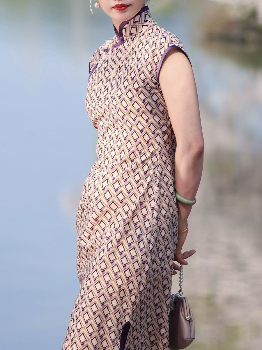 Hai Tang 海棠 Begonia Republic of China Geometric Print Pure Cotton Cap Sleeve Qipao