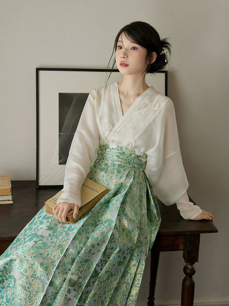 Ting Lan 汀兰 Thin Land Modern Ming Qipao Gilded Leaf Mamian Skirt & Top Set