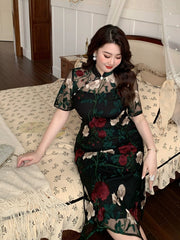 Xixue Gui 吸血鬼 Vampira Plus Size Modernized Sheer Embroidered Floral Short Sleeve Qipao
