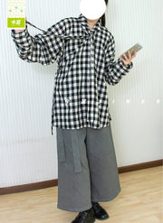 Hui Ge 灰格 Gray Grid Modernized Early Ming Sheep's Wool Tweed Coat & Cotton Denim Trousers