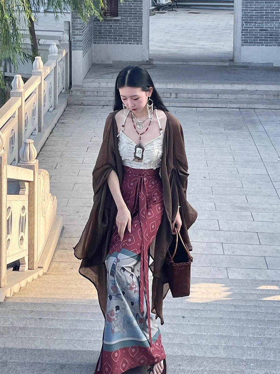 Gen Gu 亘古 Eternity New Chinese Style Printed Painting Wrap Skirt & Cotton Linen Tank Top Set