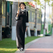 Mei Qi 梅气 Sweet Plum 1920s Velvet Lace Long Sleeve Qipao