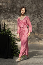 Peach Blossom with a Human Face 人面桃花 New Chinese Style Pure Ramie Wrap Dress