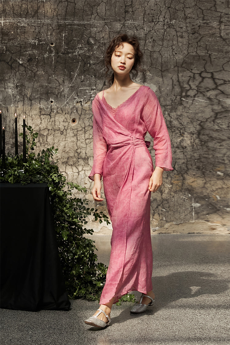 Peach Blossom with a Human Face 人面桃花 New Chinese Style Pure Ramie Wrap Dress