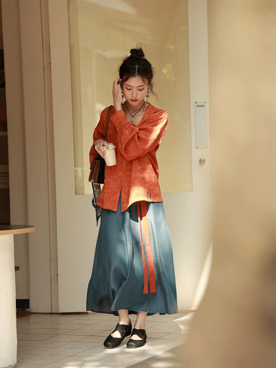 Jixin 鸡心 Chicken Heart Modernized Tang Song Tencel Denim Trousers & Tanling Scoop Shirt Set