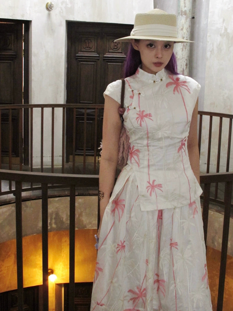Coconut Grove 满幅椰林 New Chinese Style Embroidered Flamingo Qipao Top & Midi Skirt Set