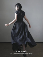 Wednesday 星期三 New Chinese Style Pinstripe Square Skirt Victorian Qipao Dress