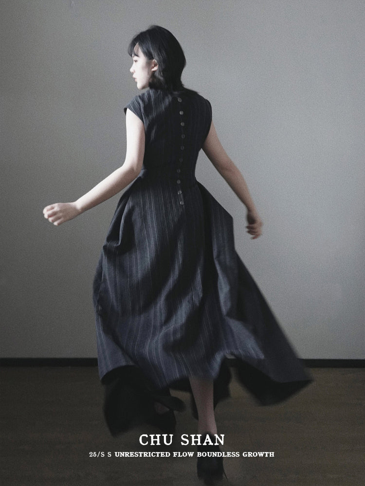 Wednesday 星期三 New Chinese Style Pinstripe Square Skirt Victorian Qipao Dress