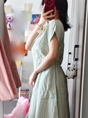 Lü Baihe 绿百合 Green Lily New Chinese Style Pure Cotton Round Collar Embroidered Day Dress