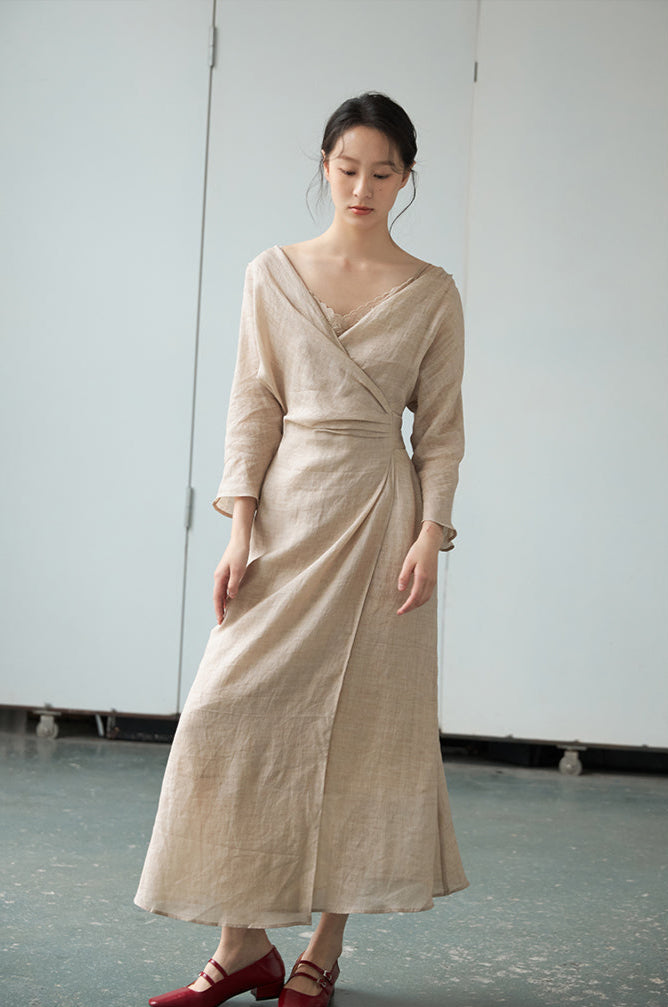 Peach Blossom with a Human Face 人面桃花 New Chinese Style Pure Ramie Wrap Dress