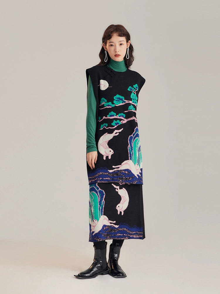 Xi Nao 嬉闹 Frolicking Rabbits New Chinese Style Knit Sweater Vest