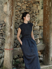 Lan Su 蓝溯 Tracing Blue New Chinese Style Summer Tencel Linen Qipao Top & Skirt Set