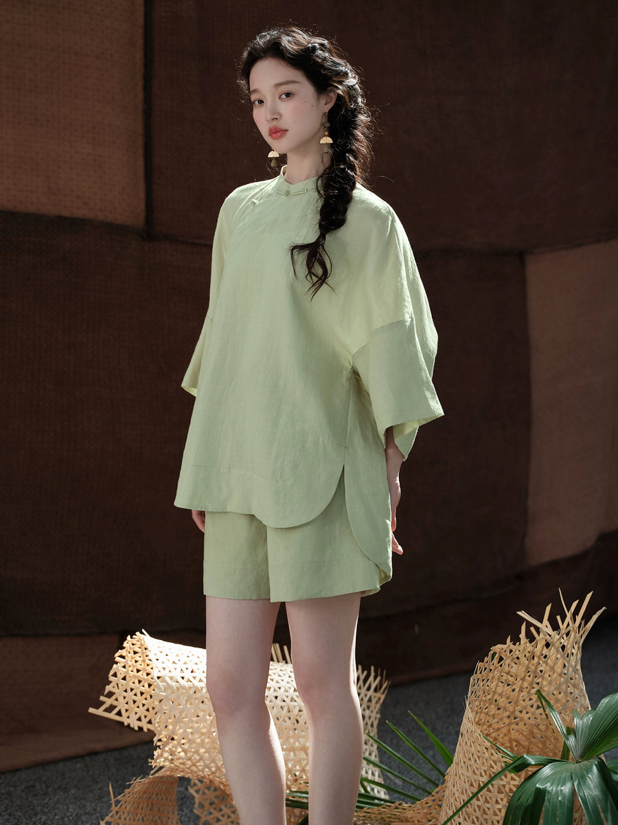 Bei Ke 贝壳 Seashells New Chinese Style Summer Ramie Qipao Top & Skirt Set