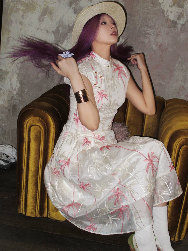 Coconut Grove 满幅椰林 New Chinese Style Embroidered Flamingo Qipao Top & Midi Skirt Set