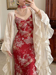 Tumi 荼靡 Bitter Herb New Chinese Style Summer Mermaid Floral Dress & Lace Cardigan Set