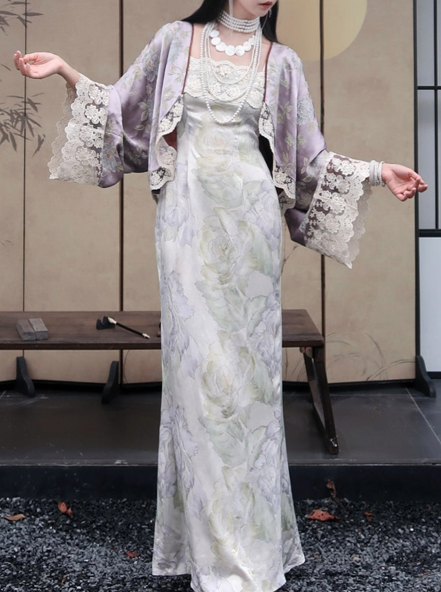 Zi Zhi 紫栀 Purple Gardenia Neo Chinese Lace Hezi Dress & Cardigan Set