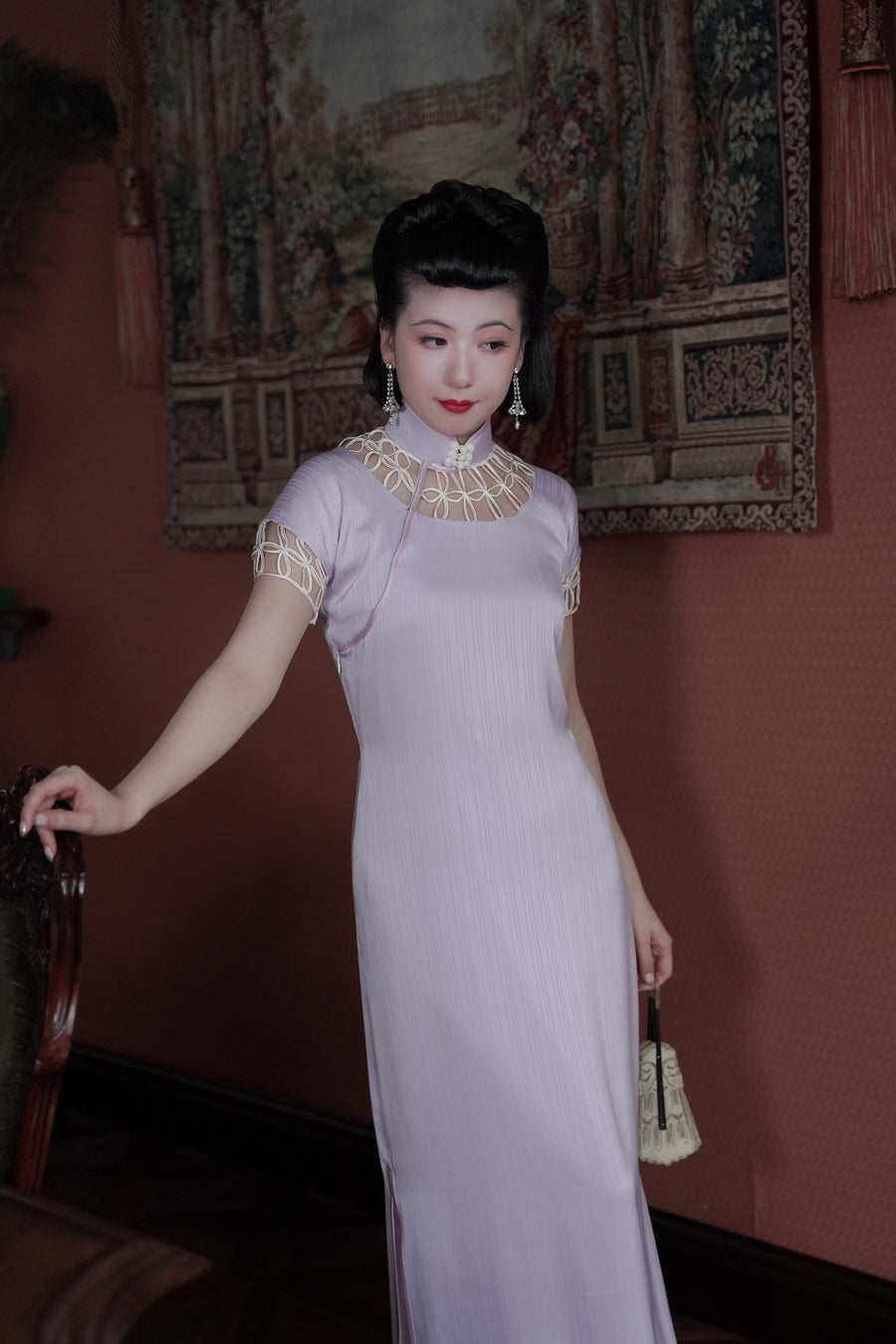 Yu Linglong 玉玲珑 1930s Lace Floral Eyelet Qipao & Short Blazer Set