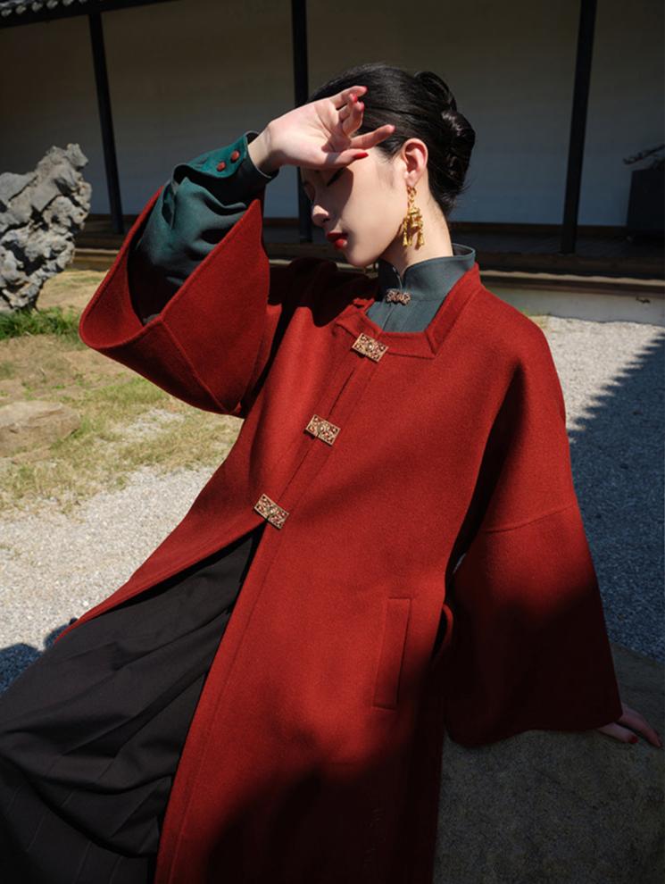 Yu Nian 余年 Longevity Modernized Ming Dynasty Pure Wool Winter Square Collar Trench Coat & Mamian Set