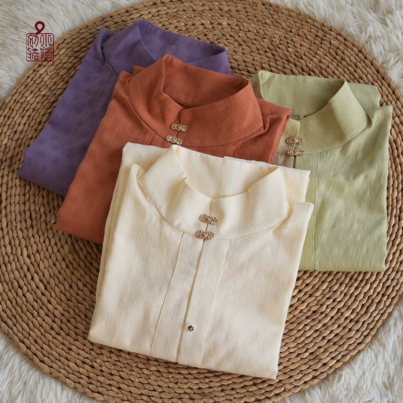 Macaron 马卡龙 Ming Dynasty Pure Cotton Standing Collar Daily Summer Shirt