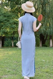 Bing Lan 冰蓝 Icy Blue 1930s Gingham & Lace Cap Sleeve Qipao