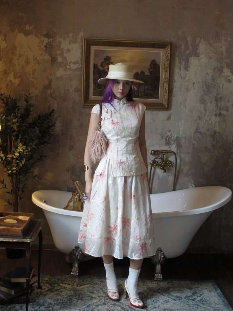 Coconut Grove 满幅椰林 New Chinese Style Embroidered Flamingo Qipao Top & Midi Skirt Set