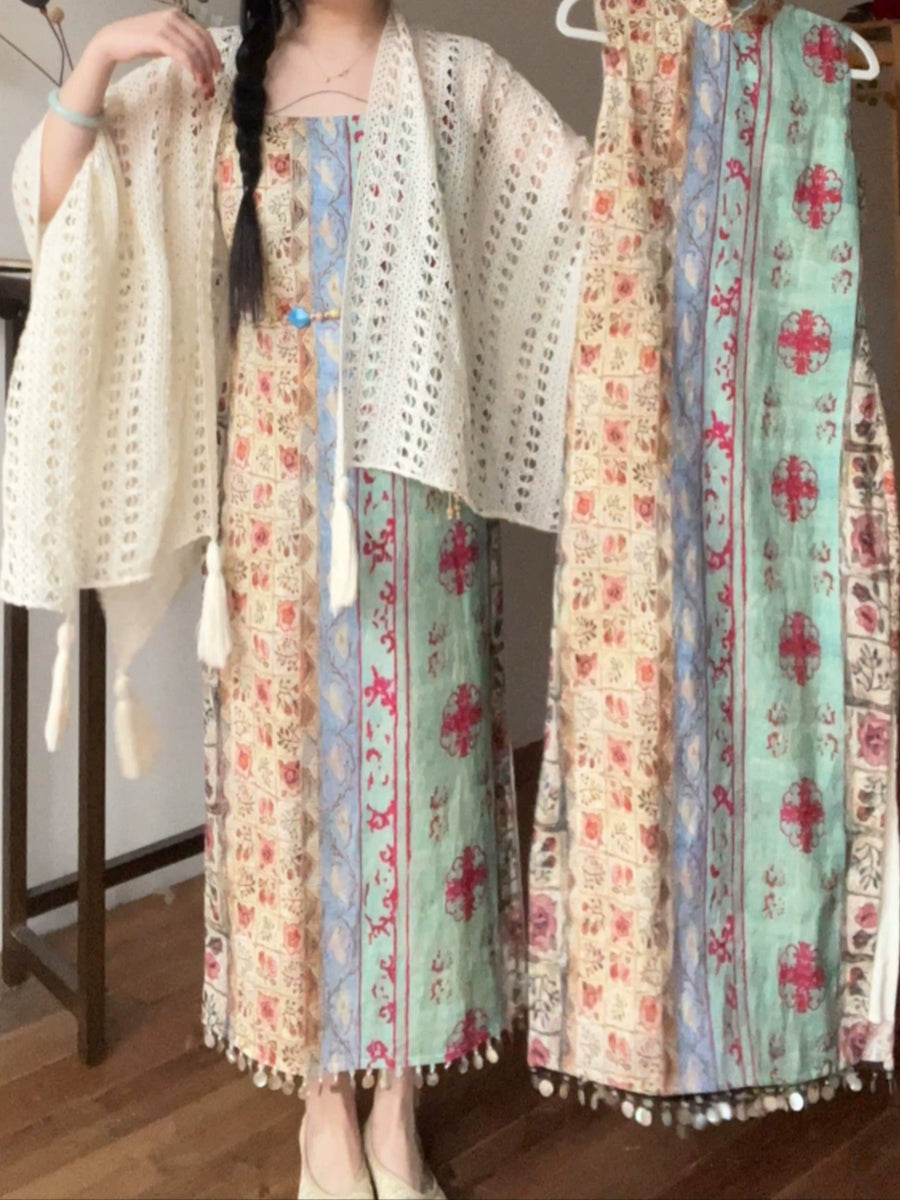 Trip to Dali 去大理 New Chinese Style Ancient Patchwork Beaded Collarless Qipao & Shawl Set
