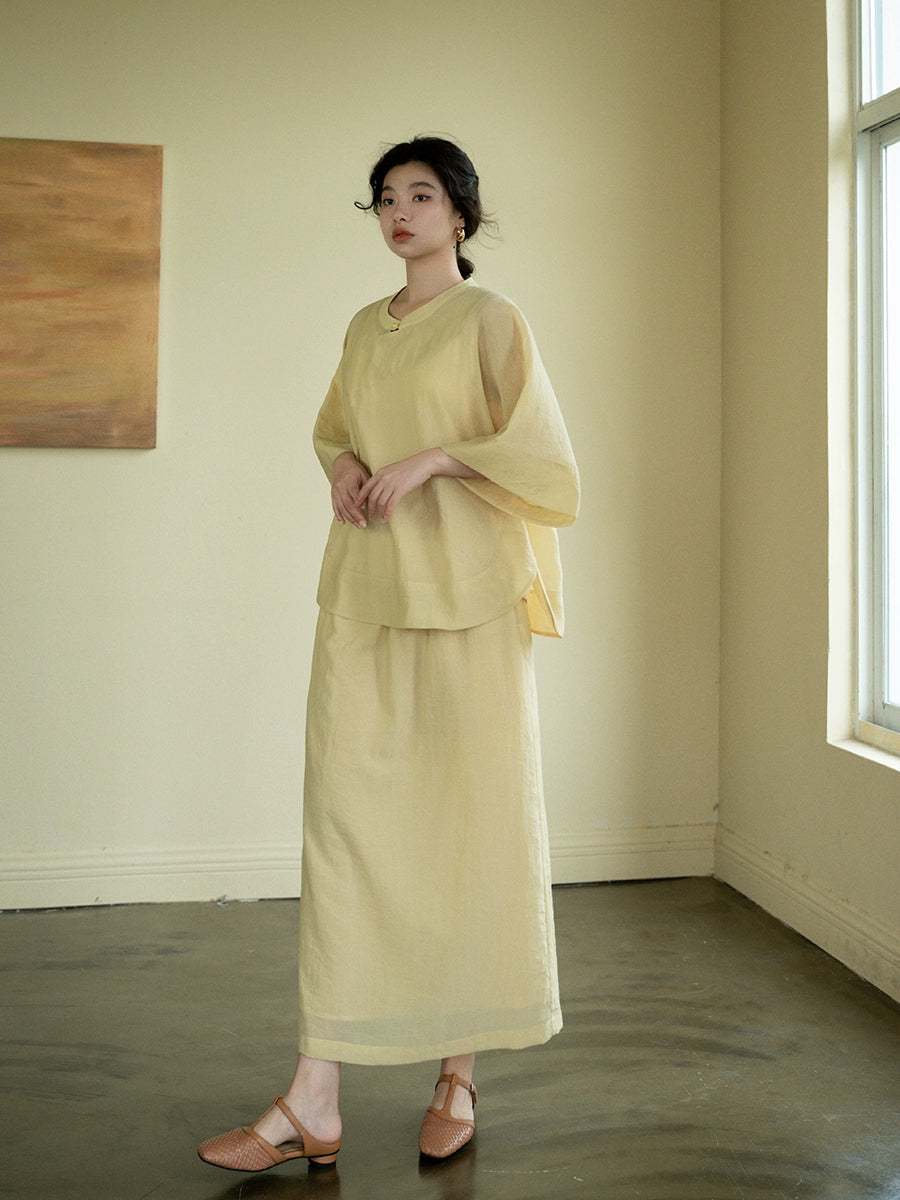 Jin Hehuan 金合欢 Acacia Tree Modernized Qipao Plus Size Cotton Blend Set