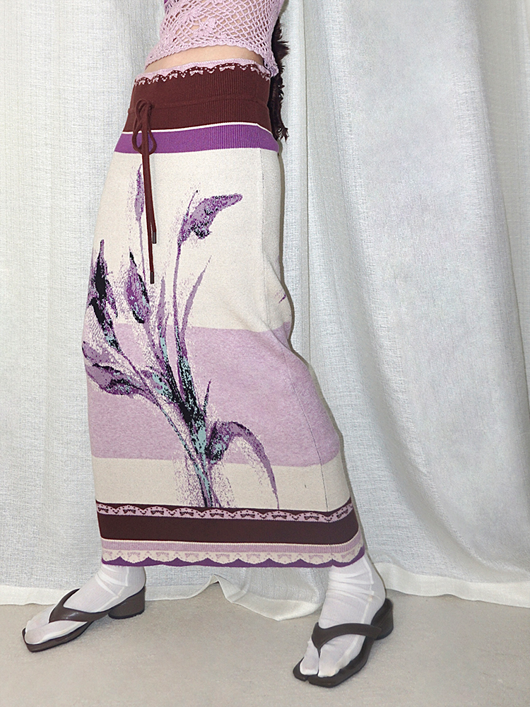 Zhen 薽 Orchid Neo Chinese Painted Flower Knit Skirt