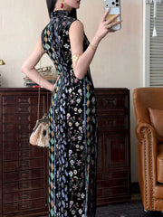 Hua Jiandao 花间道 Path Among the Flowers Modernized Sleeveless Striped Floral Qipao