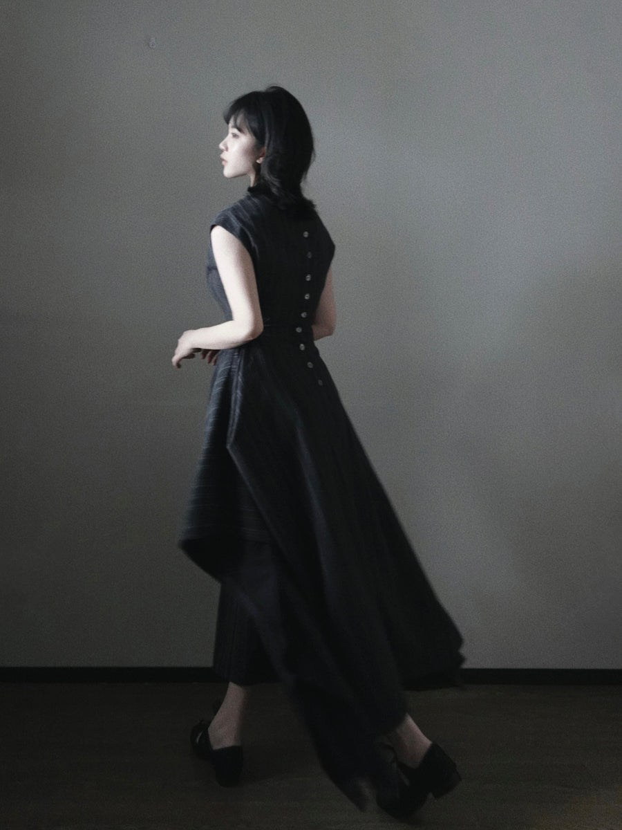 Wednesday 星期三 New Chinese Style Pinstripe Square Skirt Victorian Qipao Dress