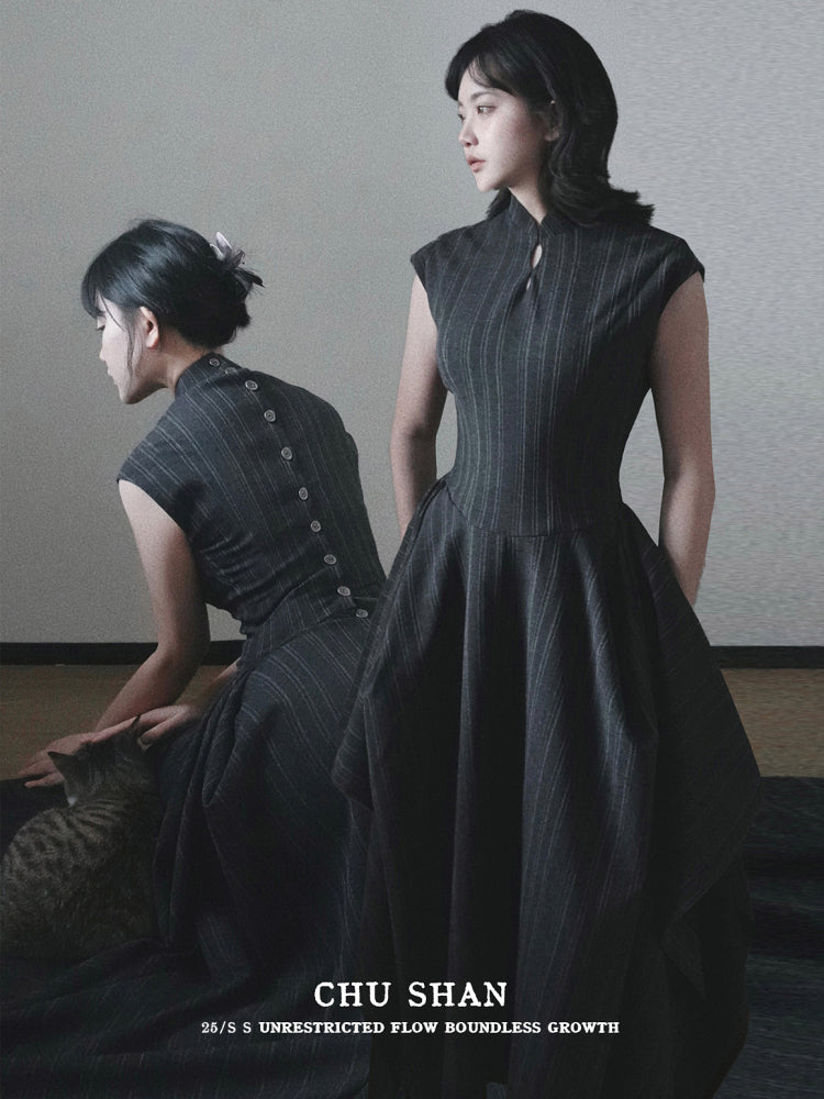 Wednesday 星期三 New Chinese Style Pinstripe Square Skirt Victorian Qipao Dress