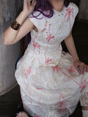 Coconut Grove 满幅椰林 New Chinese Style Embroidered Flamingo Qipao Top & Midi Skirt Set