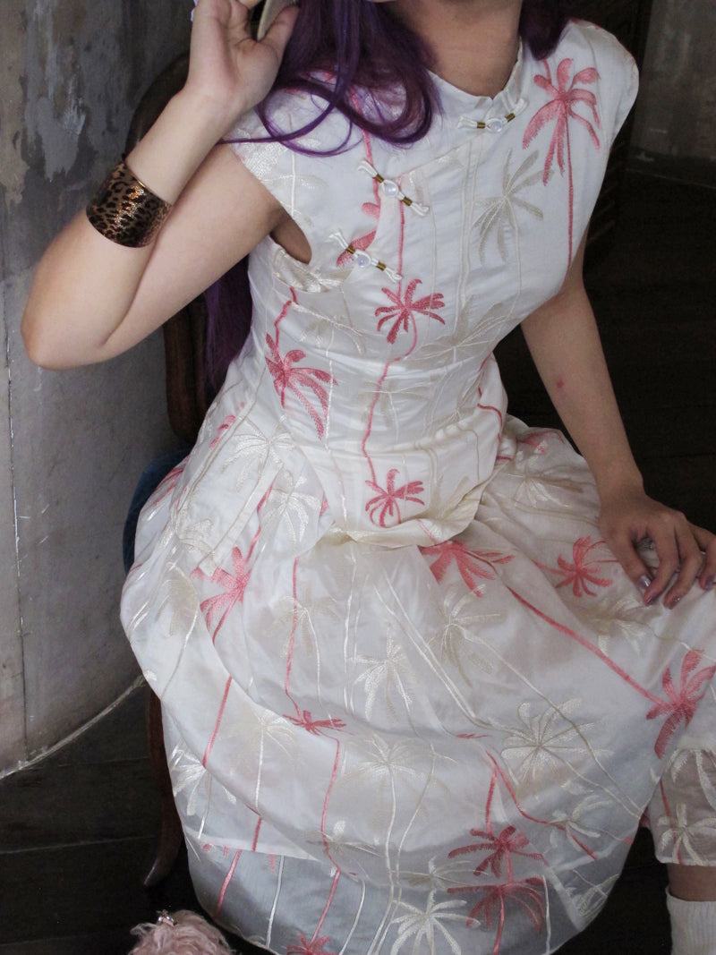 Coconut Grove 满幅椰林 New Chinese Style Embroidered Flamingo Qipao Top & Midi Skirt Set