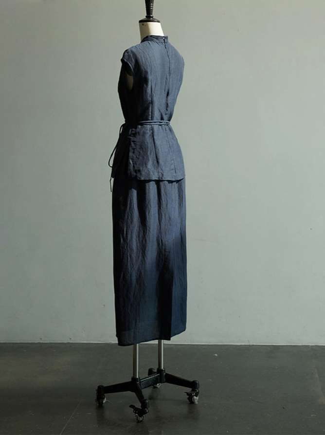 Lan Su 蓝溯 Tracing Blue New Chinese Style Summer Tencel Linen Qipao Top & Skirt Set