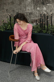 Peach Blossom with a Human Face 人面桃花 New Chinese Style Pure Ramie Wrap Dress