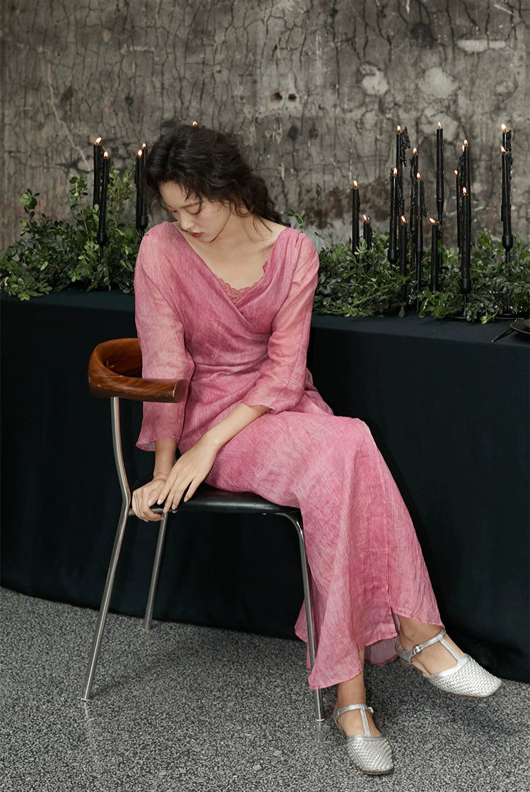 Peach Blossom with a Human Face 人面桃花 New Chinese Style Pure Ramie Wrap Dress