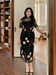 Xixue Gui 吸血鬼 Vampira Plus Size Modernized Sheer Embroidered Floral Short Sleeve Qipao
