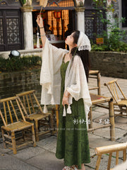 Wu Lü 芜绿 Lush Green Modernized Song Dynasty Dress & Crochet Cardigan Set
